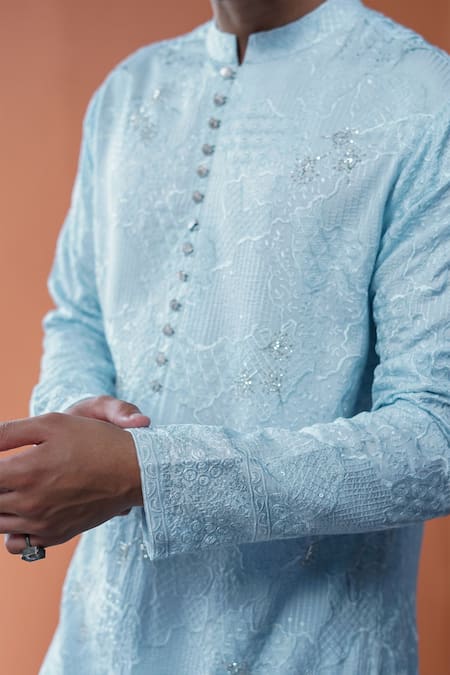 Philocaly Sky Blue Silk Embroidery, Sequins Nilvar And Cut Dana Kurta Online at Aza Fashions Philocaly_Sky Blue Silk Embroidery, Sequins Nilvar And Cut Dana Kurta _Online_at_Aza_Fashions