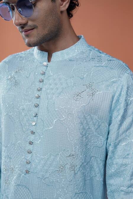 Shop Philocaly Sky Blue Silk Embroidery, Sequins Nilvar And Cut Dana Kurta Online at Aza Fashions Shop_Philocaly_Sky Blue Silk Embroidery, Sequins Nilvar And Cut Dana Kurta _Online_at_Aza_Fashions