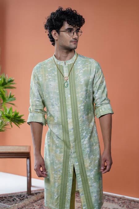 Philocaly_Green Tussar, Cotton Vasanta Printed Front-open Kurta With Chawal Taka _Online_at_Aza_Fashions