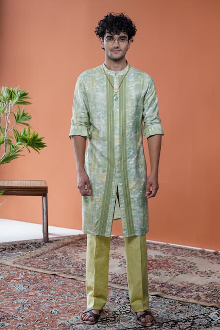 Philocaly Green Tussar, Cotton Vasanta Printed Front-open Kurta With Chawal Taka 