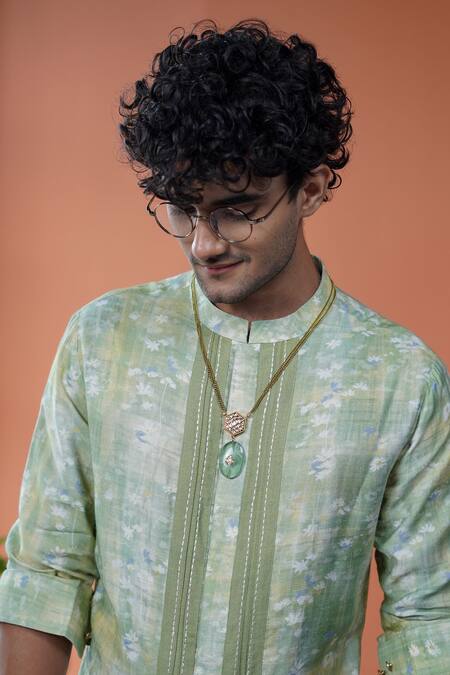 Buy_Philocaly_Green Tussar, Cotton Vasanta Printed Front-open Kurta With Chawal Taka _Online_at_Aza_Fashions