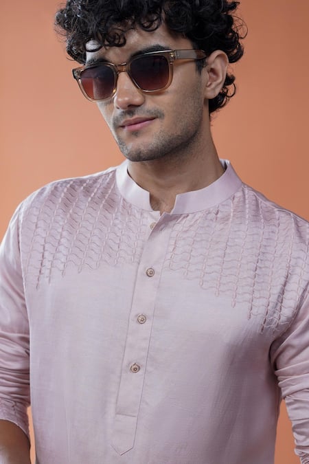 Philocaly_Pink Linen, Satin Embroidery Sakura Tonal Kurta _Online_at_Aza_Fashions