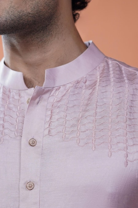 Buy_Philocaly_Pink Linen, Satin Embroidery Sakura Tonal Kurta _Online_at_Aza_Fashions