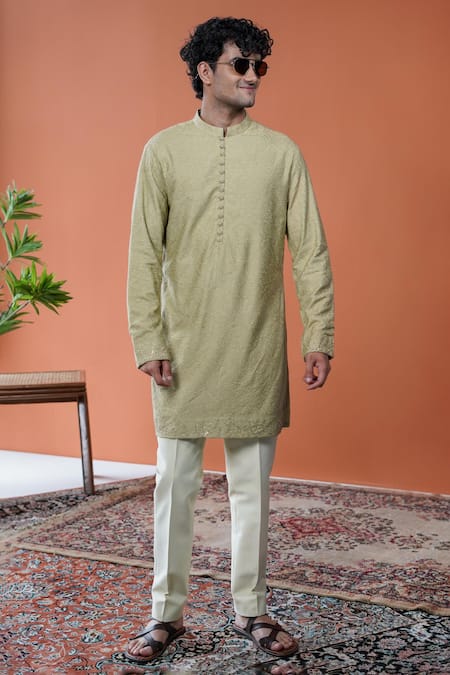 Philocaly Olive Green Silk Embroidery Meer Dabka Kurta 