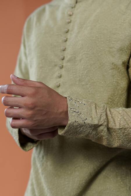 Philocaly_Olive Green Silk Embroidery Meer Dabka Kurta _Online_at_Aza_Fashions