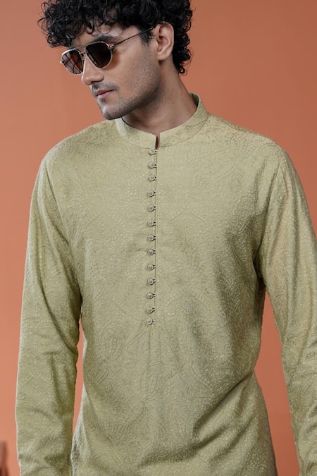 Buy_Philocaly_Olive Green Silk Embroidery Meer Dabka Kurta _Online_at_Aza_Fashions