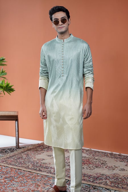Philocaly Green Silk Morni Ombre Woven Pattern Kurta With Potli Buttons