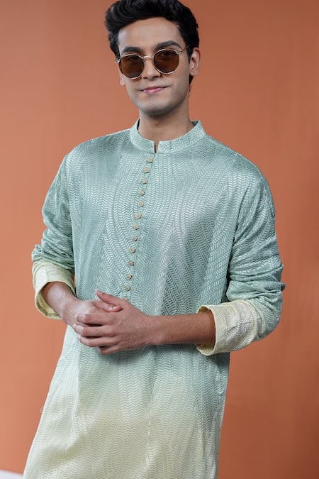 Philocaly_Green Silk Morni Ombre Woven Pattern Kurta With Potli Buttons_Online_at_Aza_Fashions