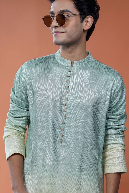 Buy_Philocaly_Green Silk Morni Ombre Woven Pattern Kurta With Potli Buttons_Online_at_Aza_Fashions