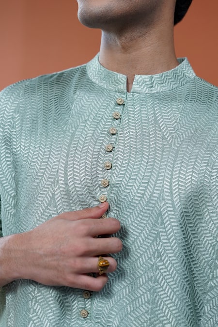 Shop_Philocaly_Green Silk Morni Ombre Woven Pattern Kurta With Potli Buttons_Online_at_Aza_Fashions