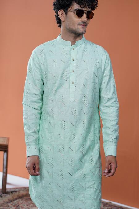 Buy_Philocaly_Mint Silk Embroidery Taazgi Pitta Kurta With Round Hem _Online_at_Aza_Fashions