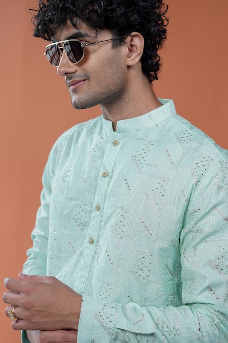 Shop_Philocaly_Mint Silk Embroidery Taazgi Pitta Kurta With Round Hem _Online_at_Aza_Fashions