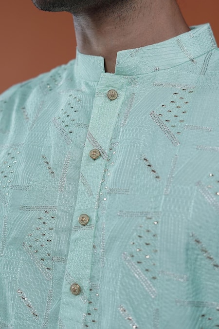 Philocaly_Mint Silk Embroidery Taazgi Pitta Kurta With Round Hem _at_Aza_Fashions