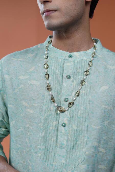 Buy_Philocaly_Green Tussar, Cotton Terrain Leaf Printed Pintuck Kurta _Online_at_Aza_Fashions