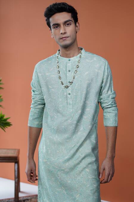 Shop_Philocaly_Green Tussar, Cotton Terrain Leaf Printed Pintuck Kurta _Online_at_Aza_Fashions