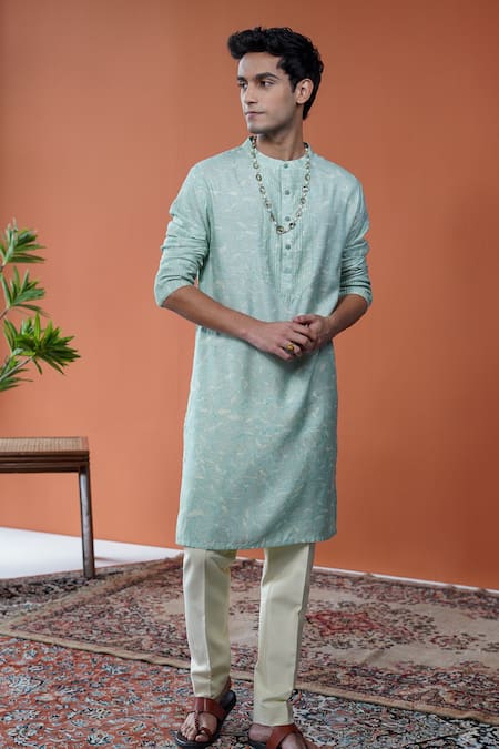 Philocaly Terrain Leaf Printed Pintuck Cotton Tussar Kurta 
