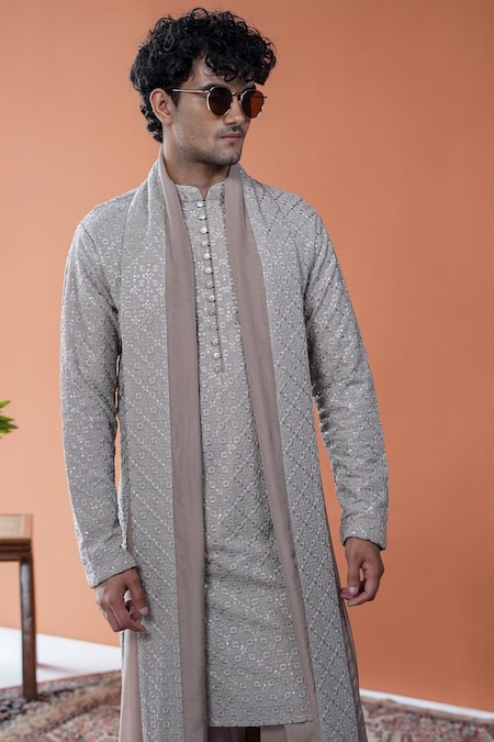 Philocaly_Beige Georgette Sequins, Embroidery Ashveer Geometric Kurta _Online_at_Aza_Fashions