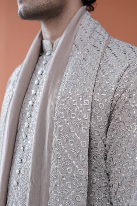 Shop_Philocaly_Beige Georgette Sequins, Embroidery Ashveer Geometric Kurta _Online_at_Aza_Fashions