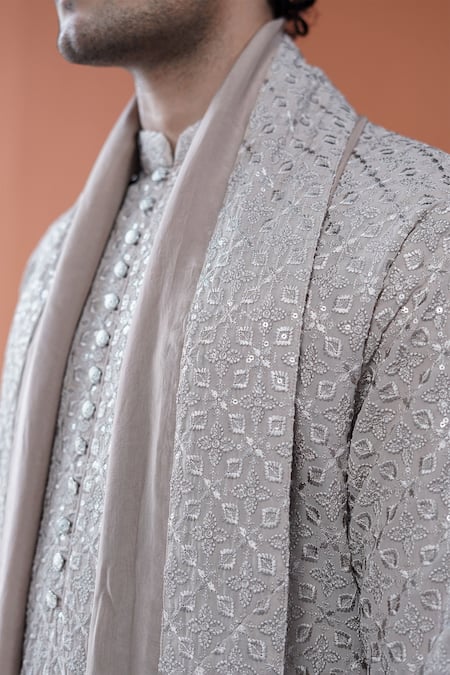 Shop Philocaly Beige Georgette Embroidery, Sequins Ashveer Kurta With Tonal Stole Online at Aza Fashions Shop_Philocaly_Beige Georgette Embroidery, Sequins Ashveer Kurta With Tonal Stole _Online_at_Aza_Fashions