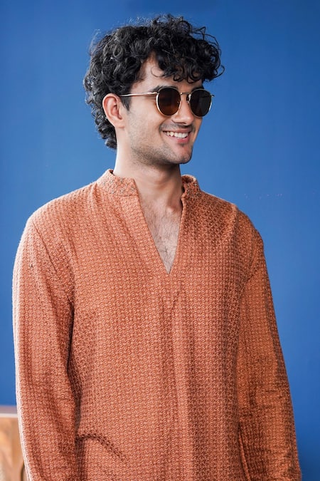 Philocaly_Orange Silk Zari Noora Textured V-neck Kurta With Dabka Collar_Online_at_Aza_Fashions