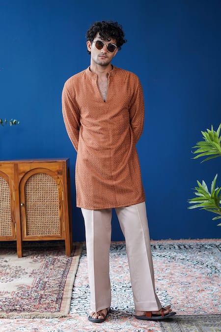 Philocaly Orange Silk Zari Noora Textured V-neck Kurta With Dabka Collar 