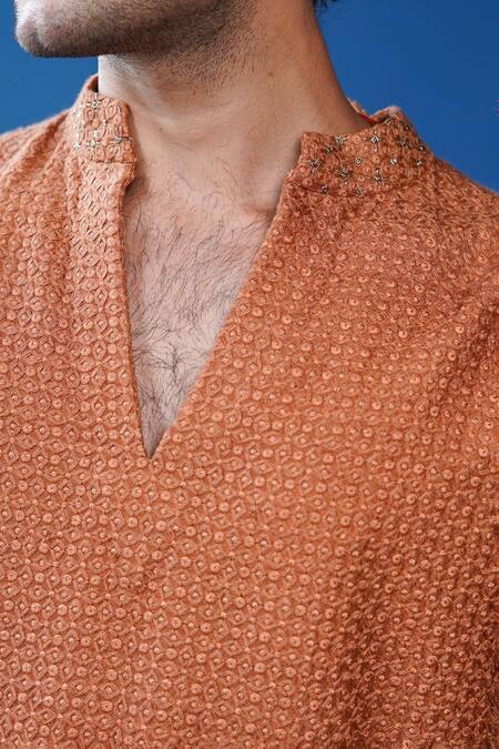 Buy_Philocaly_Orange Silk Zari Noora Textured V-neck Kurta With Dabka Collar_Online_at_Aza_Fashions
