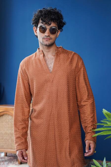 Shop_Philocaly_Orange Silk Zari Noora Textured V-neck Kurta With Dabka Collar_Online_at_Aza_Fashions