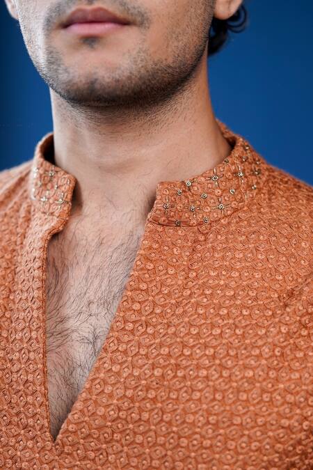 Philocaly_Orange Silk Zari Noora Textured V-neck Kurta With Dabka Collar_at_Aza_Fashions