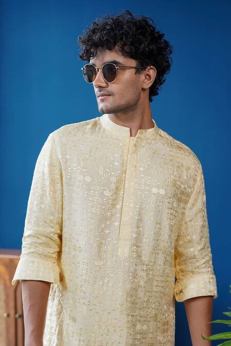 Philocaly_Yellow Silk Embroidery Sant Kurta With Cuffed Sleeves _Online_at_Aza_Fashions