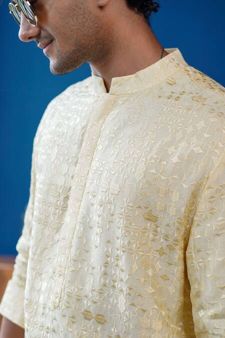 Buy_Philocaly_Yellow Silk Embroidery Sant Kurta With Cuffed Sleeves _Online_at_Aza_Fashions