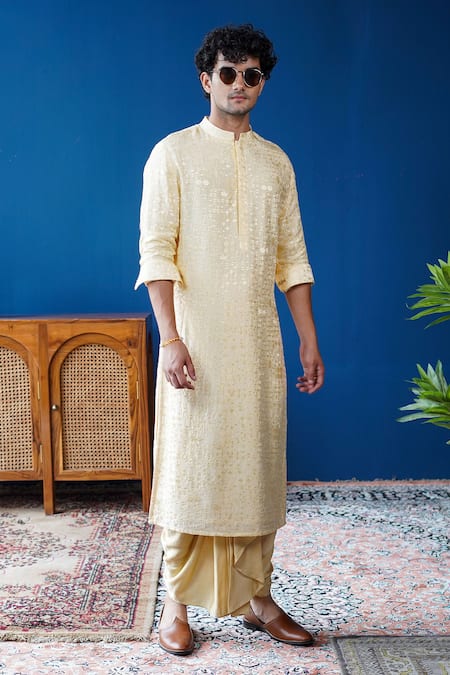 Shop_Philocaly_Yellow Silk Embroidery Sant Kurta With Cuffed Sleeves _Online_at_Aza_Fashions