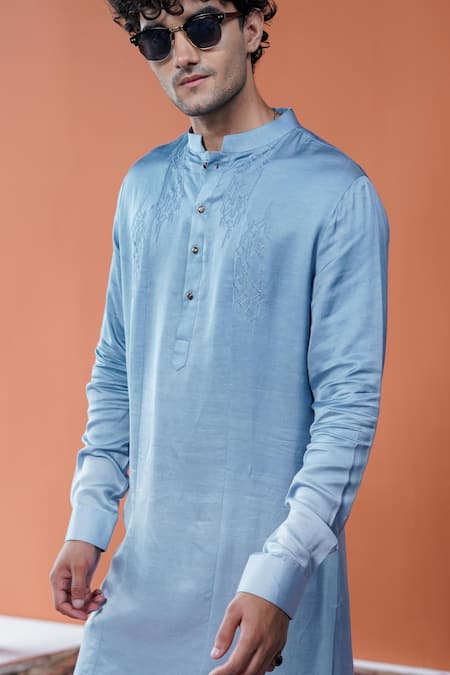 Buy_Philocaly_Blue Satin, Linen Embroidery Meghraj Ombre Tonal Kurta _Online_at_Aza_Fashions
