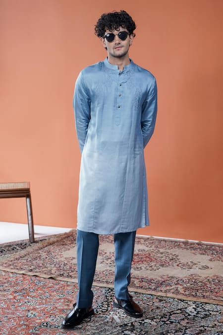 Philocaly Meghraj Ombre Linen Satin Tonal Embroidered Kurta 
