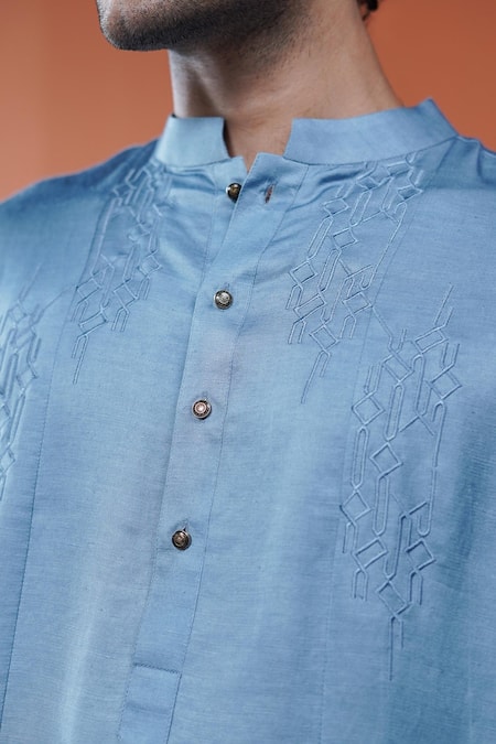 Shop_Philocaly_Blue Satin, Linen Embroidery Meghraj Ombre Tonal Kurta _Online_at_Aza_Fashions