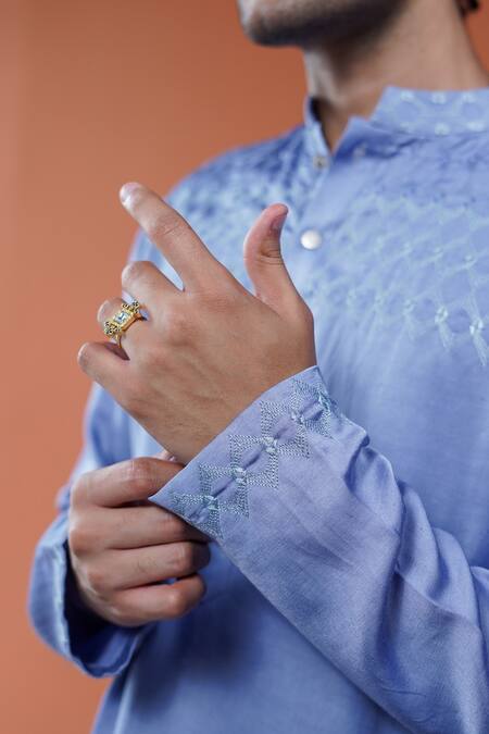 Buy_Philocaly_Blue Linen, Satin Embroidery Sagar Kurta _Online_at_Aza_Fashions