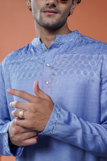 Shop_Philocaly_Blue Linen, Satin Embroidery Sagar Kurta _Online_at_Aza_Fashions
