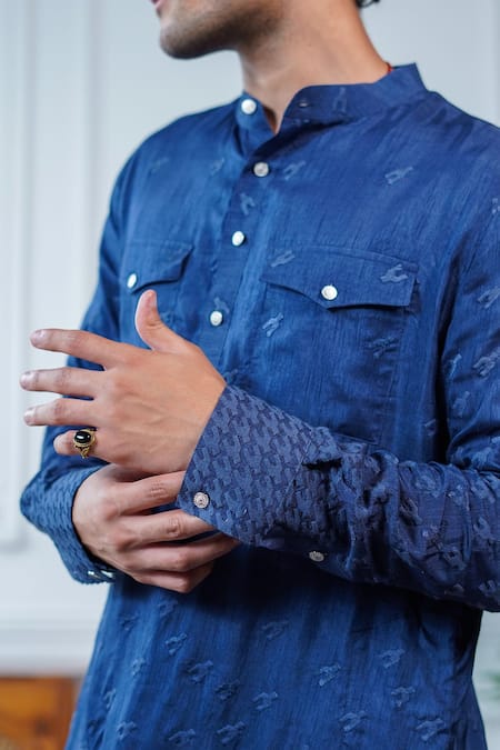 Philocaly_Blue Silk Neerav Herringbone Pathani Kurta With Chest Pockets _Online_at_Aza_Fashions