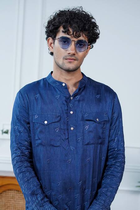 Buy_Philocaly_Blue Silk Neerav Herringbone Pathani Kurta With Chest Pockets _Online_at_Aza_Fashions