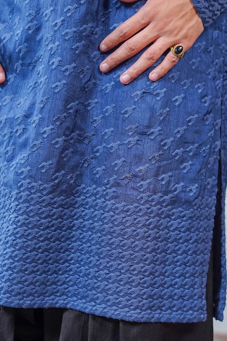 Shop_Philocaly_Blue Silk Neerav Herringbone Pathani Kurta With Chest Pockets _Online_at_Aza_Fashions