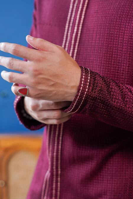 Philocaly_Maroon Silk Embroidery Gulnaar Front-open Kurta With Chawal Taka _Online_at_Aza_Fashions