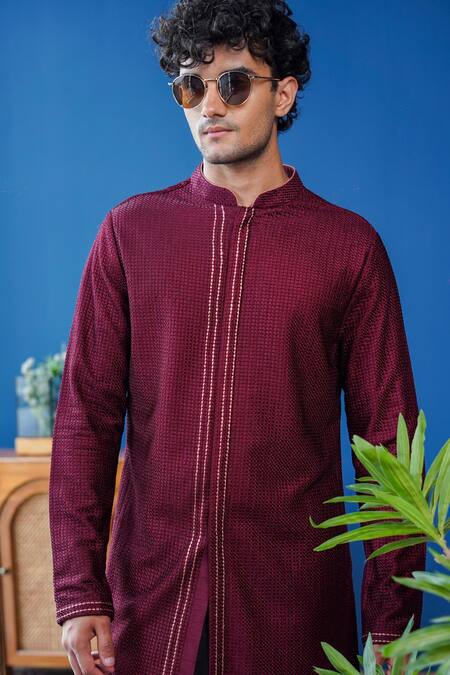 Buy_Philocaly_Maroon Silk Embroidery Gulnaar Front-open Kurta With Chawal Taka _Online_at_Aza_Fashions