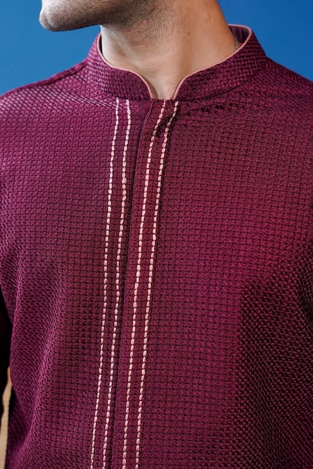 Shop_Philocaly_Maroon Silk Embroidery Gulnaar Front-open Kurta With Chawal Taka _Online_at_Aza_Fashions