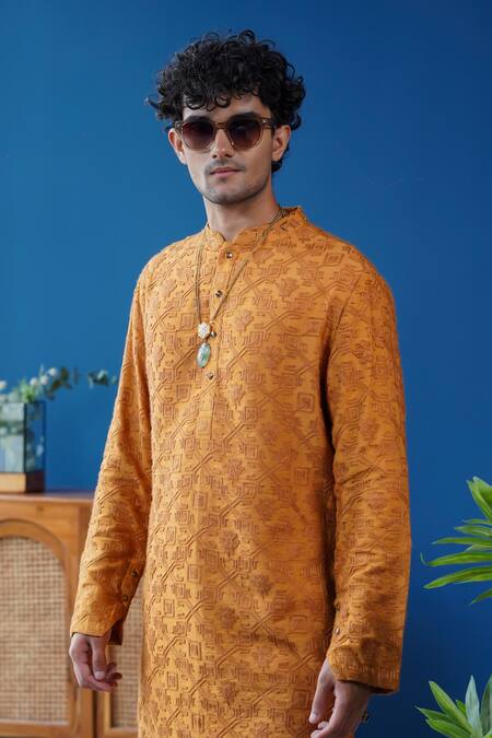Philocaly_Mustard Silk Embroidery, Sequins Kanak Pitta Geometric Motif Kurta _Online_at_Aza_Fashions