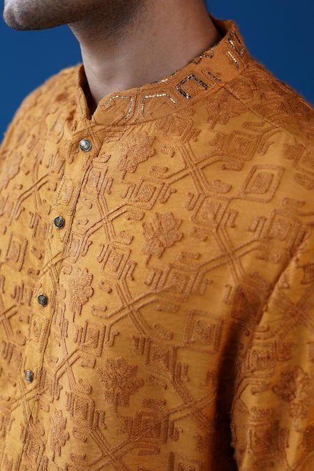 Buy_Philocaly_Mustard Silk Embroidery, Sequins Kanak Pitta Geometric Motif Kurta _Online_at_Aza_Fashions