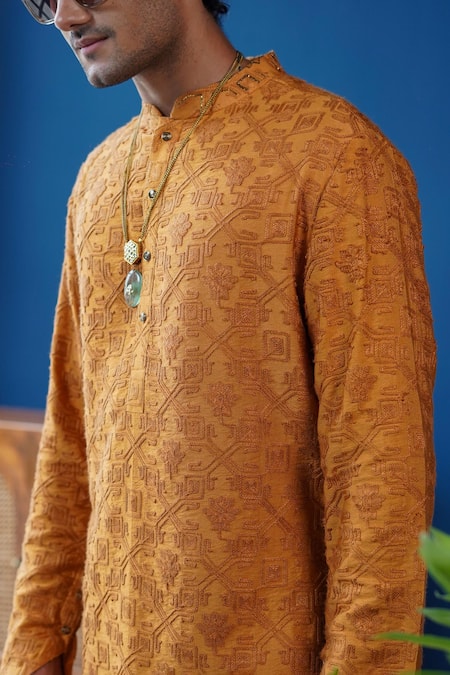 Shop_Philocaly_Mustard Silk Embroidery, Sequins Kanak Pitta Geometric Motif Kurta _Online_at_Aza_Fashions