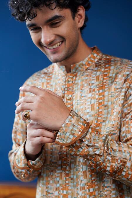 Philocaly Tan Linen, Satin Tevan Printed Kurta With Cocktail Cuffs Online at Aza Fashions Philocaly_Tan Linen, Satin Tevan Printed Kurta With Cocktail Cuffs _Online_at_Aza_Fashions