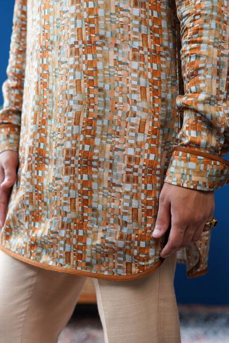 Buy Philocaly Tan Linen, Satin Tevan Printed Kurta With Cocktail Cuffs Online at Aza Fashions Buy_Philocaly_Tan Linen, Satin Tevan Printed Kurta With Cocktail Cuffs _Online_at_Aza_Fashions