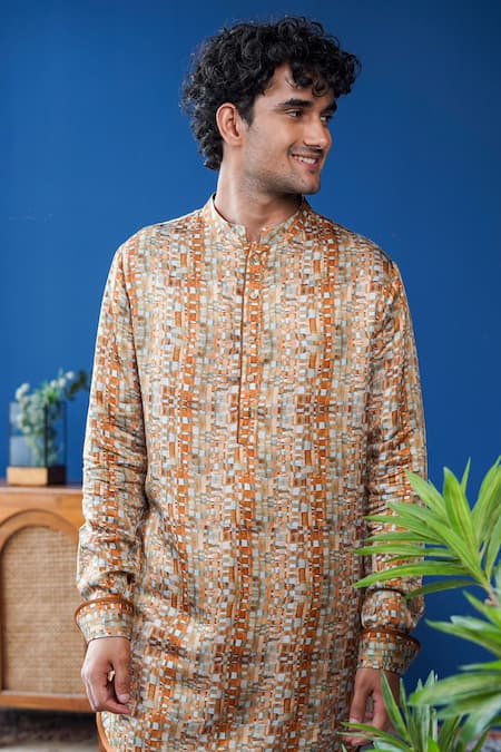 Shop Philocaly Tan Linen, Satin Tevan Printed Kurta With Cocktail Cuffs Online at Aza Fashions Shop_Philocaly_Tan Linen, Satin Tevan Printed Kurta With Cocktail Cuffs _Online_at_Aza_Fashions