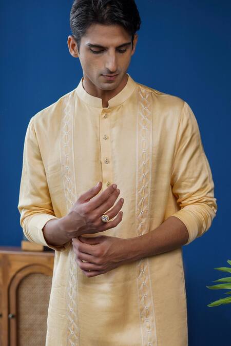 Philocaly_Gold Linen, Satin Embroidery Pitambari Tonal Diamond Kurta _Online_at_Aza_Fashions