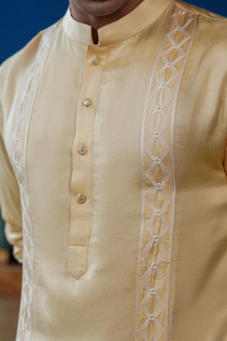 Buy_Philocaly_Gold Linen, Satin Embroidery Pitambari Tonal Diamond Kurta _Online_at_Aza_Fashions